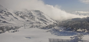 Cloud hovering at the top of Blue Cow this morning.  Photos: Perisher Snow Cams